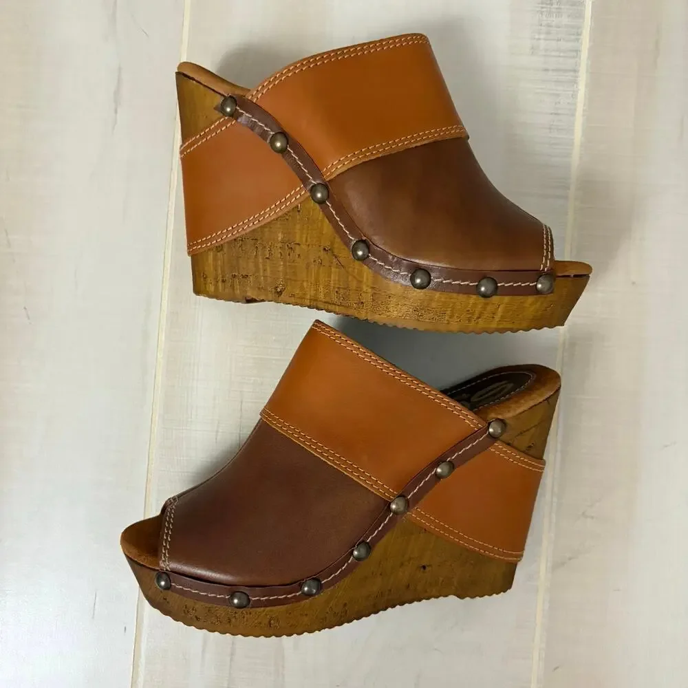 Sbicca Vintage Collection Leather Platform Clogs Studded Brown Slip-On 39(8.5)